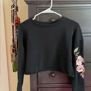 Black Cropped Long Sleeve w/ Embroidered Floral Arm Detail